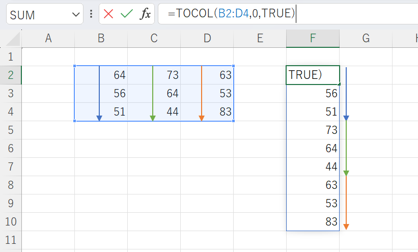 TOCOL関数で行方向のデータを1列のデータに変換