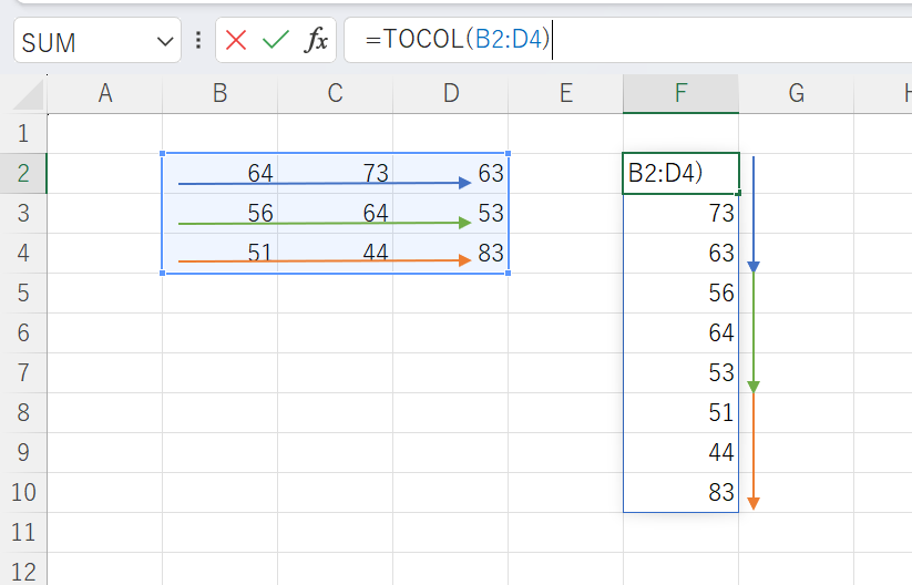 TOCOL関数で行方向のデータを1列のデータに変換