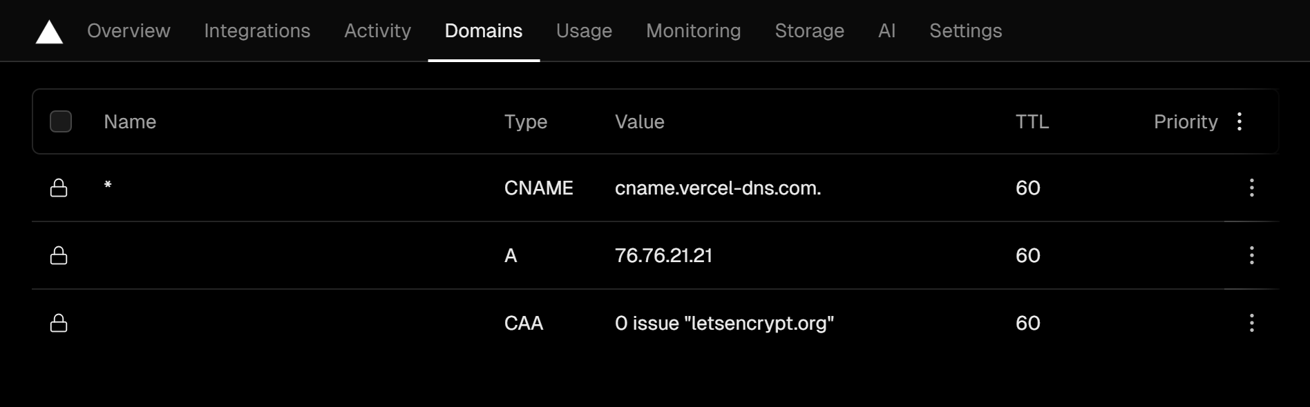 Cloudflareに移行前のVercelのDNSレコード